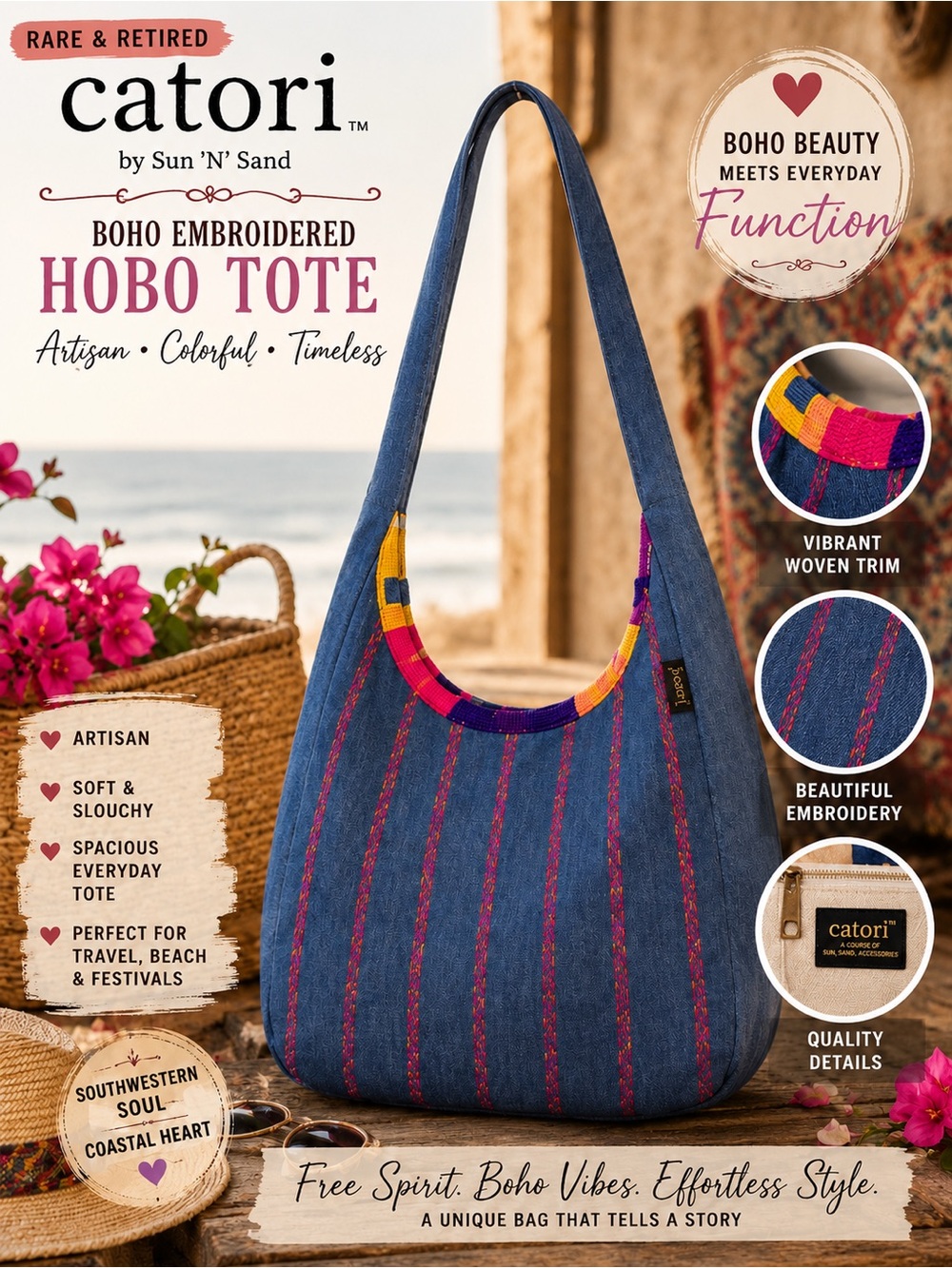 Sun ‘N’ Sand Boho Embroidered Tote MultiColor Festival Southwestern Hobo Purse